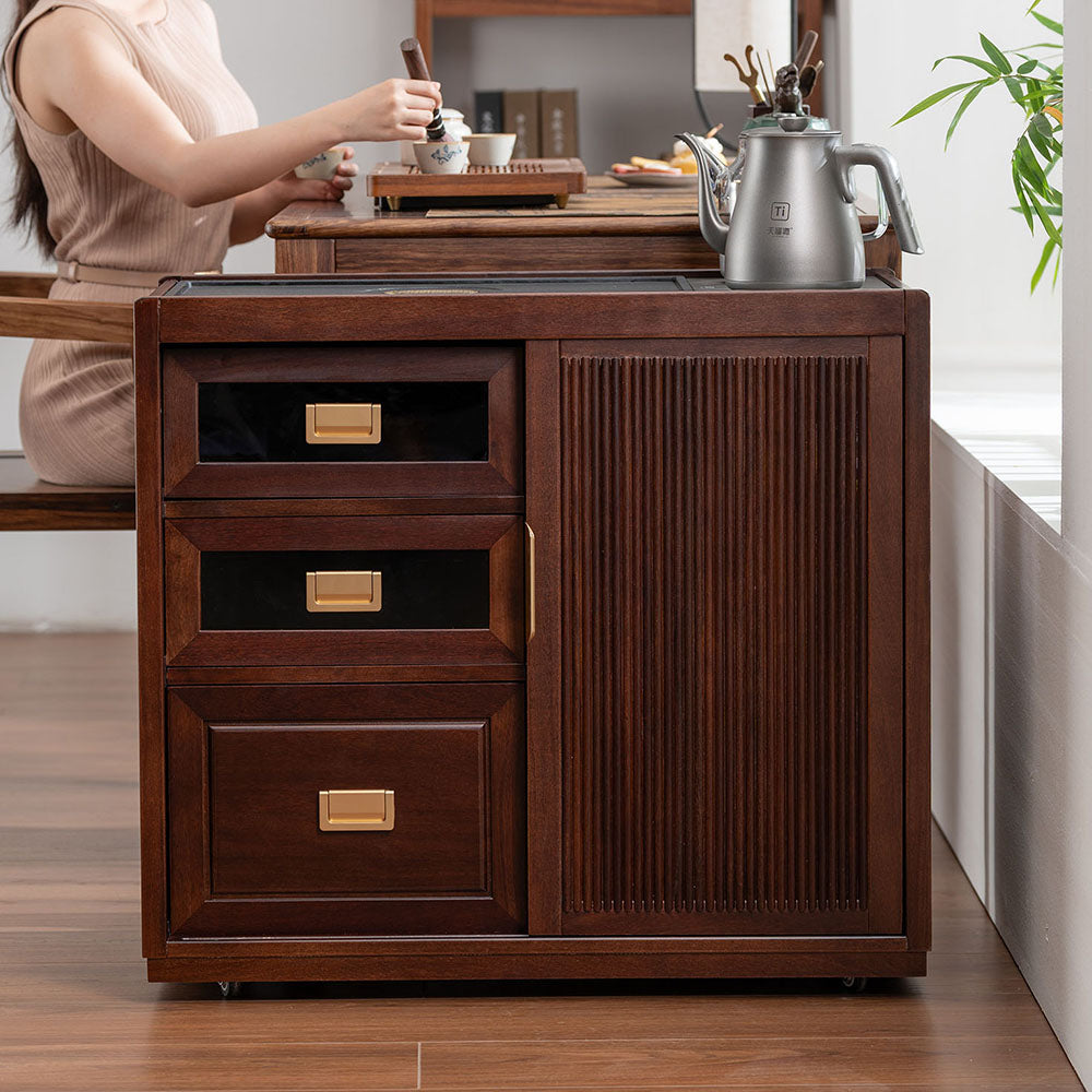 Walnut Movable Tea Table with Electric Heating and Storage