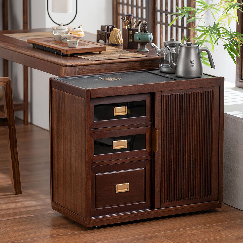 Walnut Movable Tea Table with Electric Heating and Storage