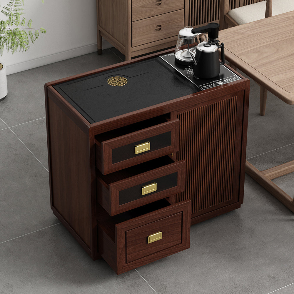 Walnut Movable Tea Table with Electric Heating and Storage