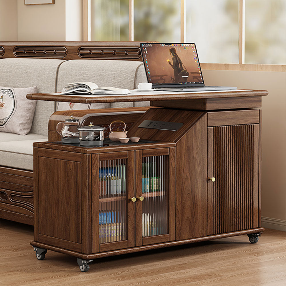 Walnut Extendable Rotatable Movable Tea Table with Storage