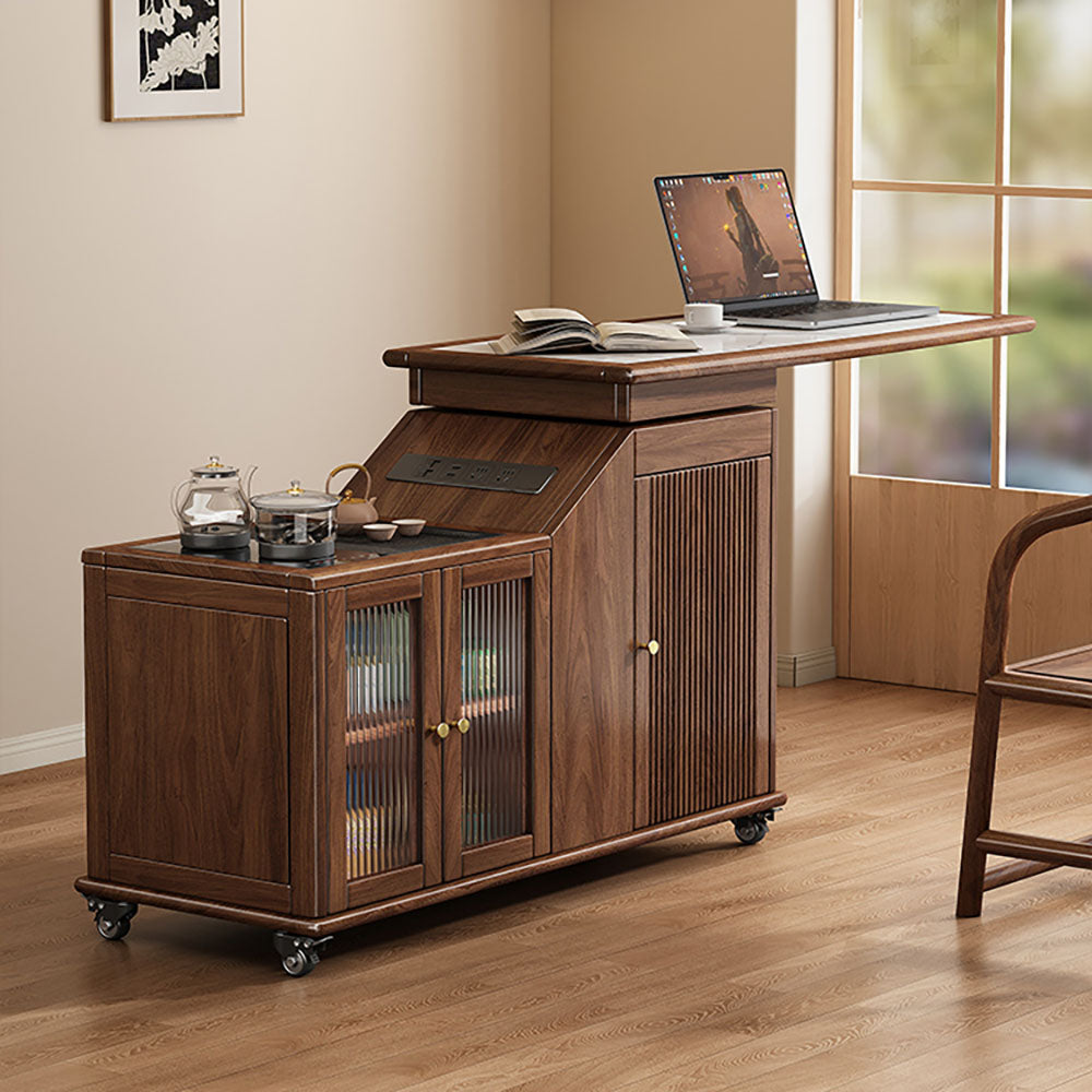 Walnut Extendable Rotatable Movable Tea Table with Storage