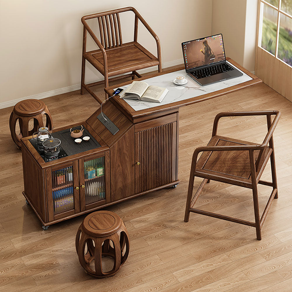 Walnut Extendable Rotatable Movable Tea Table with Storage
