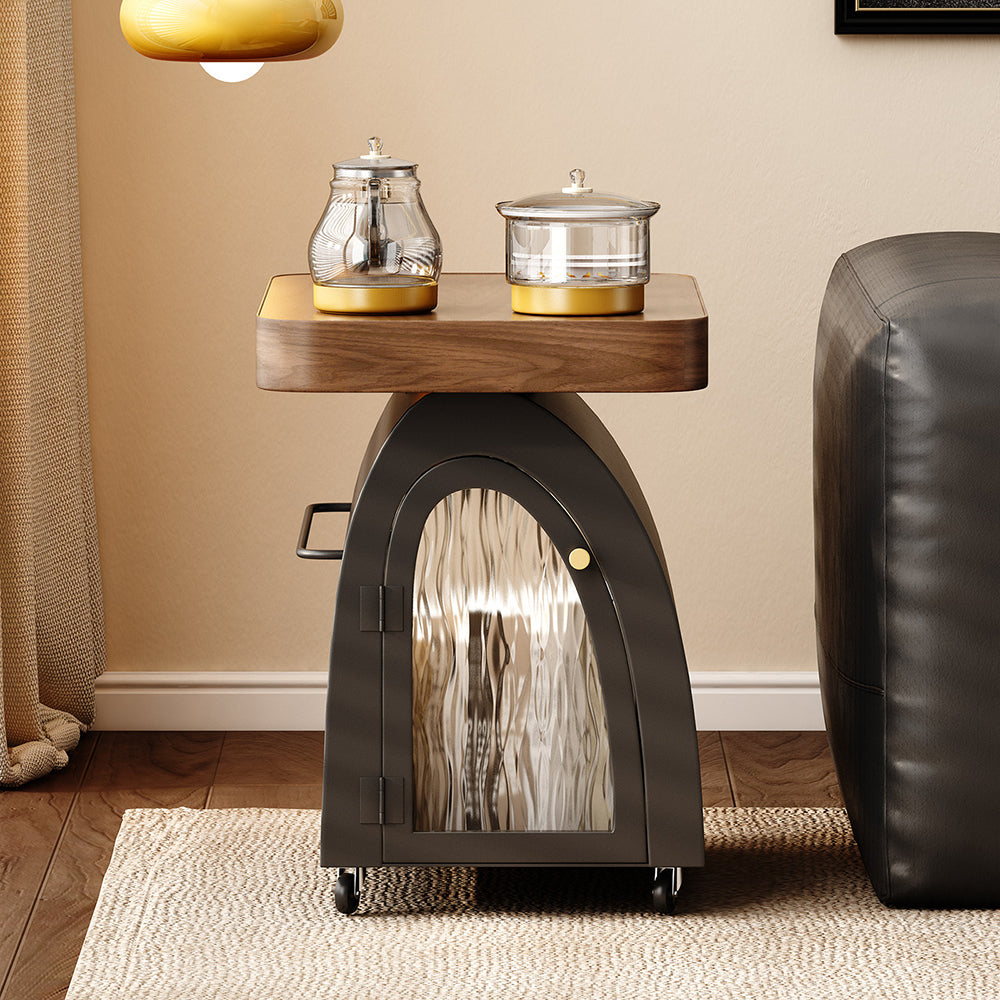 Movable Solid Wood and Carbon Steel Tea Table with Storage