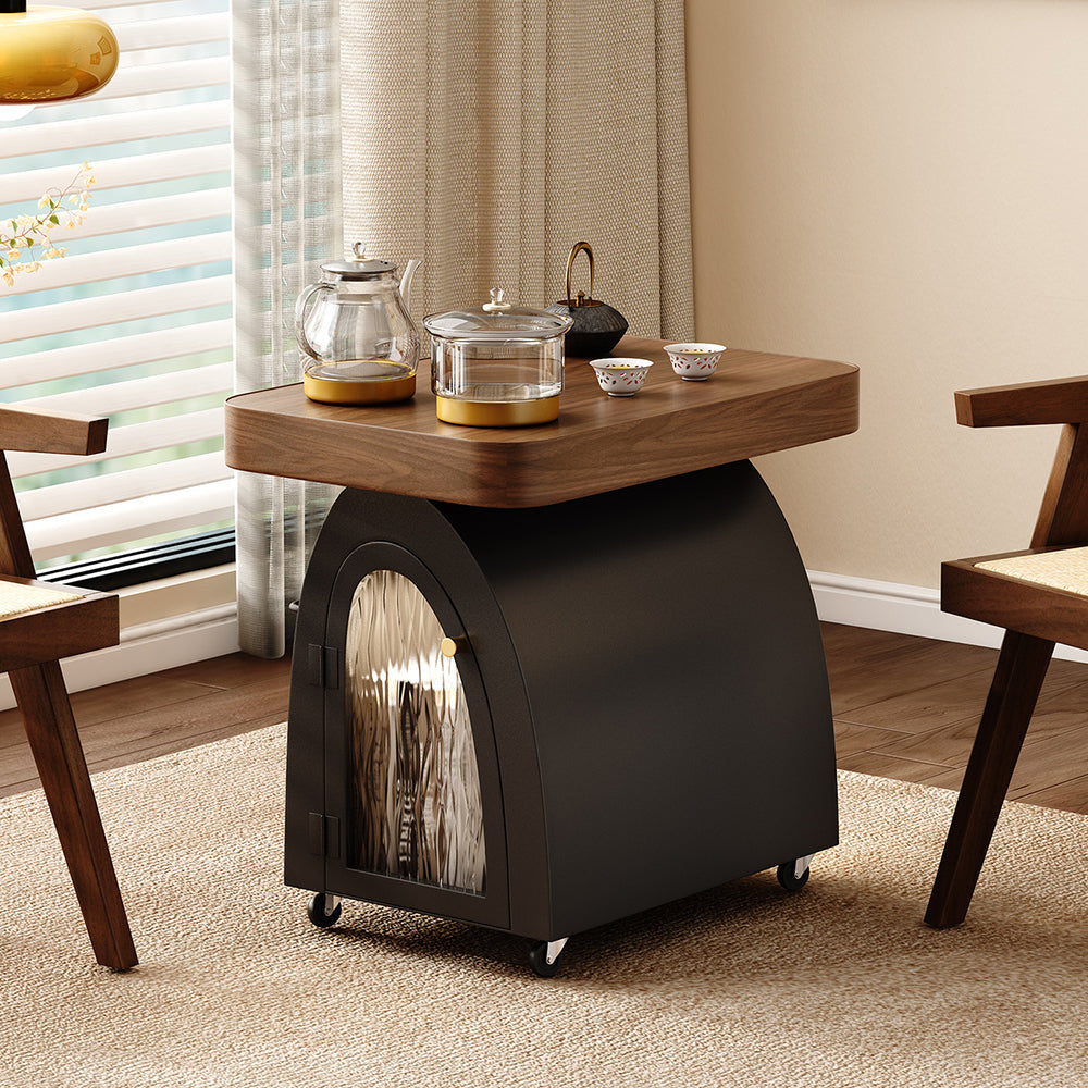Movable Solid Wood and Carbon Steel Tea Table with Storage