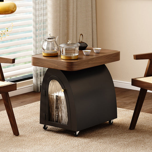 Movable Solid Wood and Carbon Steel Tea Table with Storage