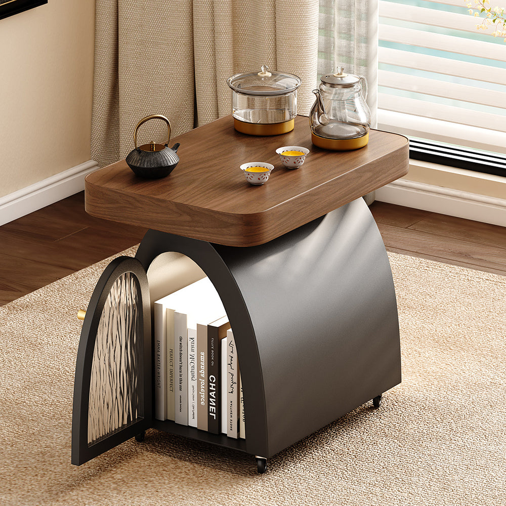Movable Solid Wood and Carbon Steel Tea Table with Storage