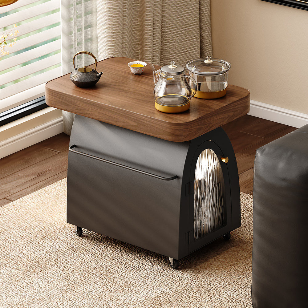 Movable Solid Wood and Carbon Steel Tea Table with Storage
