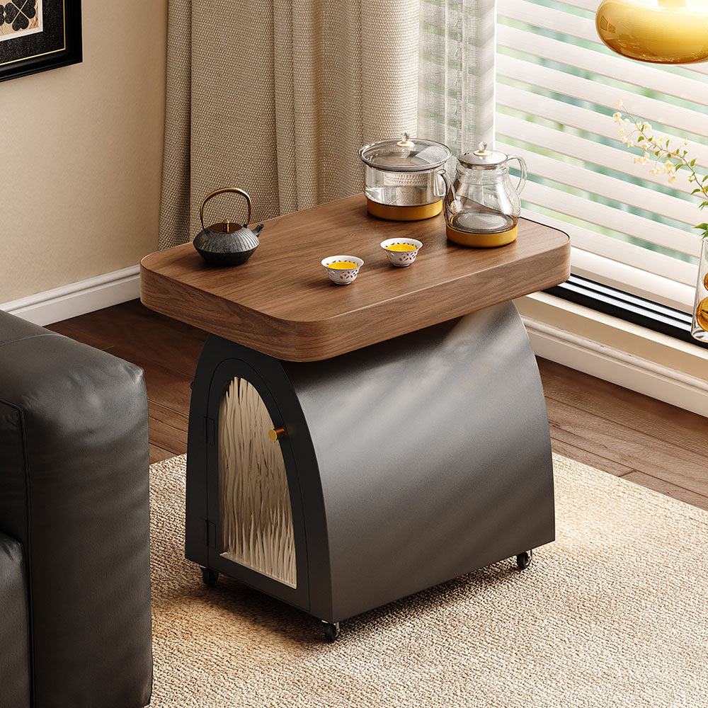 Movable Solid Wood and Carbon Steel Tea Table with Storage