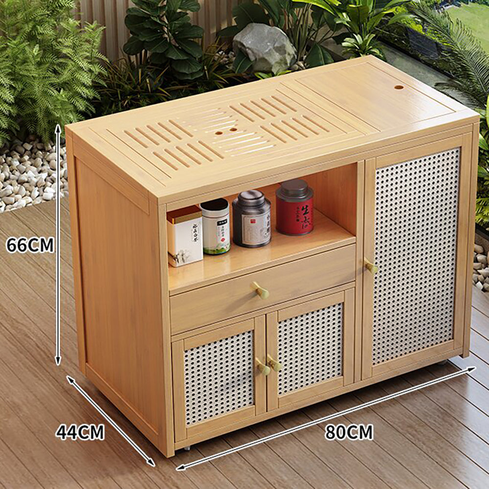 Movable Moso Bamboo Tea Table with Storage Compartments
