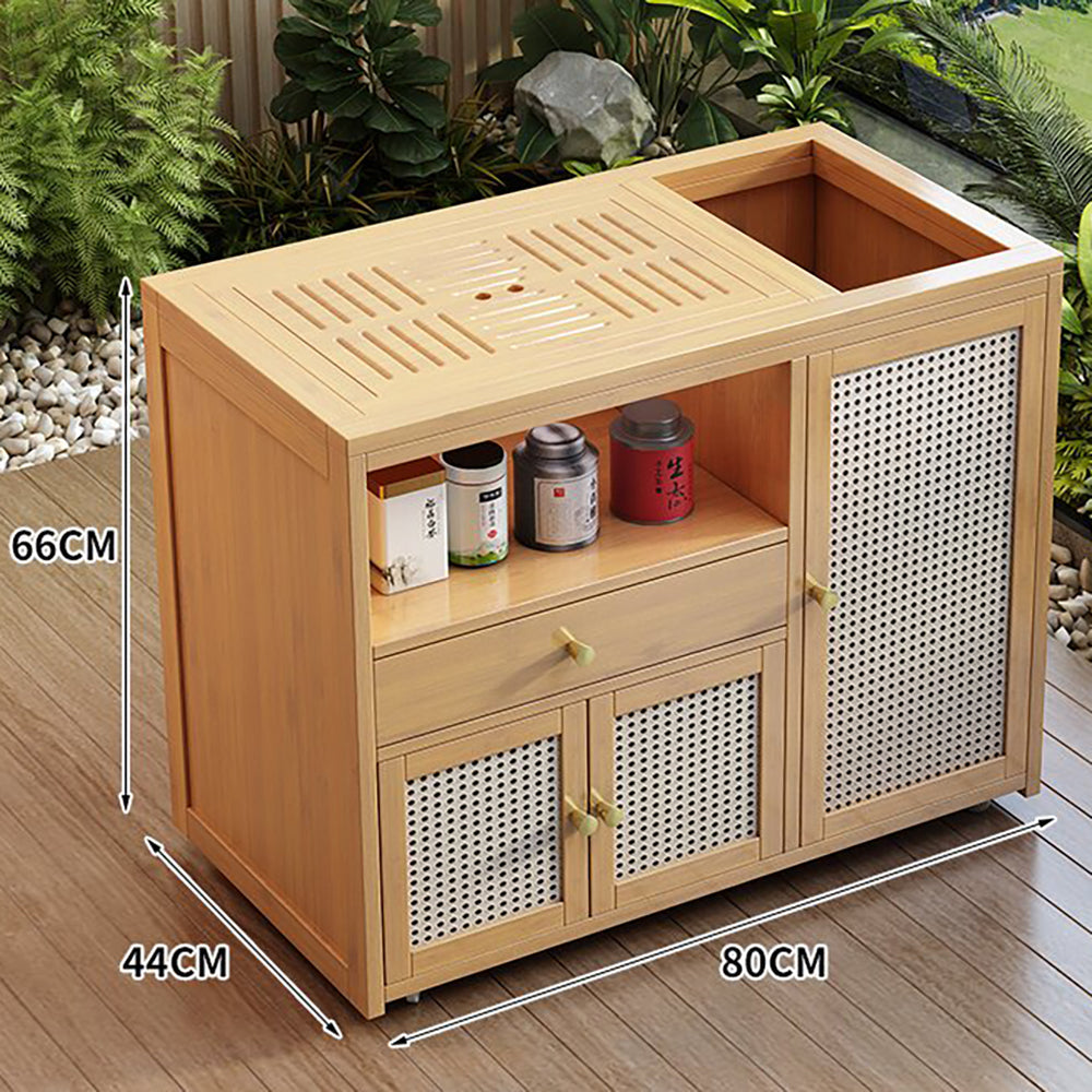 Movable Moso Bamboo Tea Table with Storage Compartments