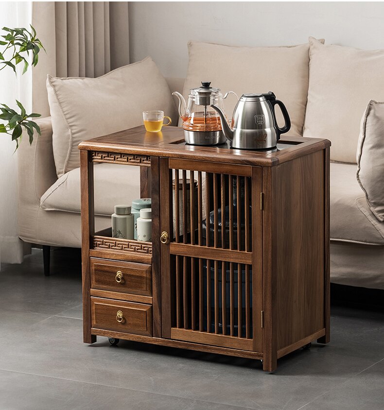 Movable Walnut Tea Table with Storage and Swivel Casters
