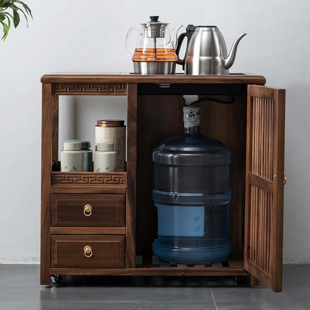 Movable Walnut Tea Table with Storage and Swivel Casters