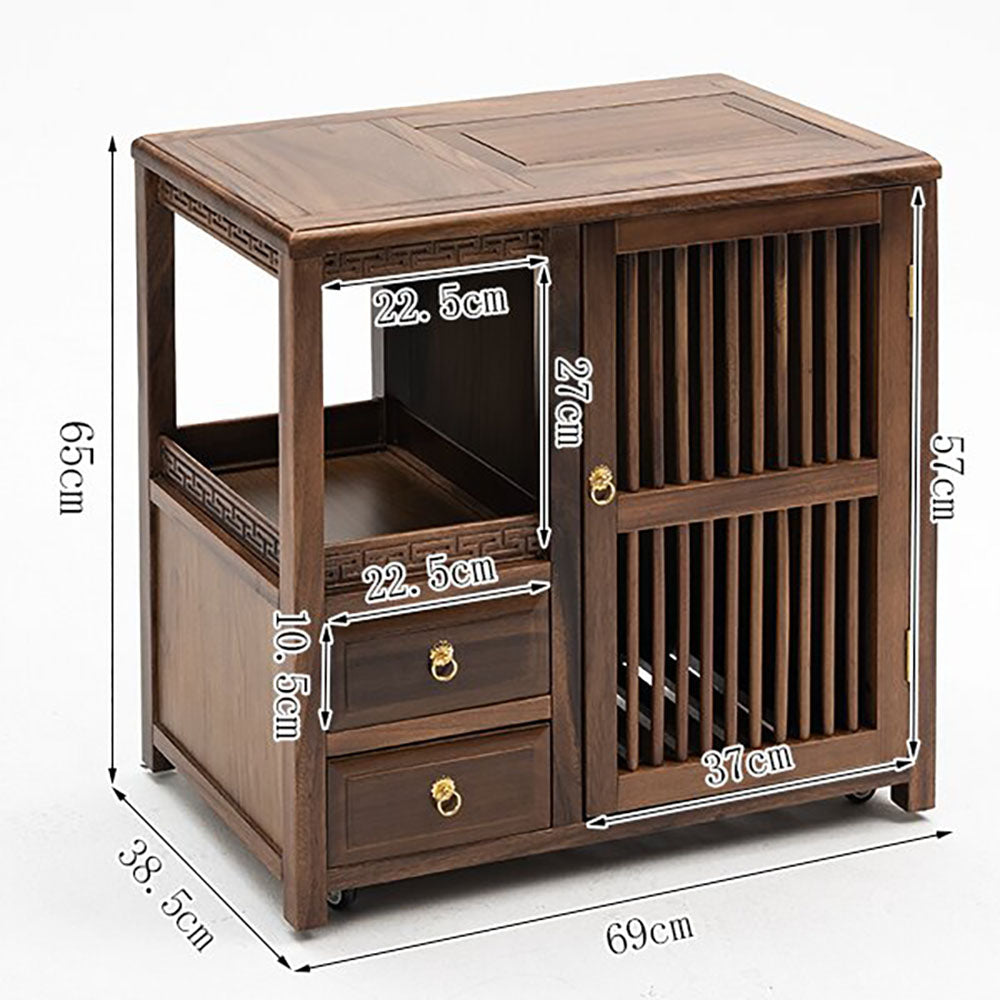 Movable Walnut Tea Table with Storage and Swivel Casters