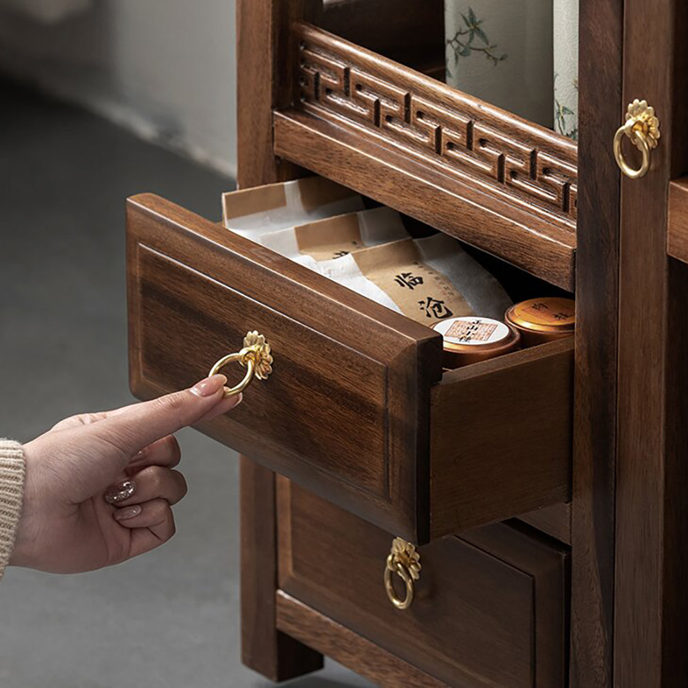 Movable Walnut Tea Table with Storage and Swivel Casters