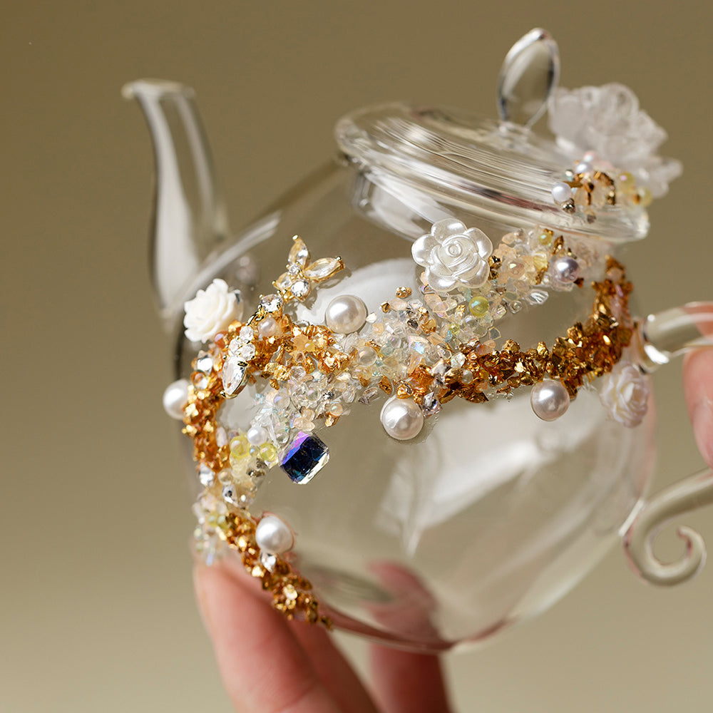 Sunset White Rose Borosilicate Glass Teapot