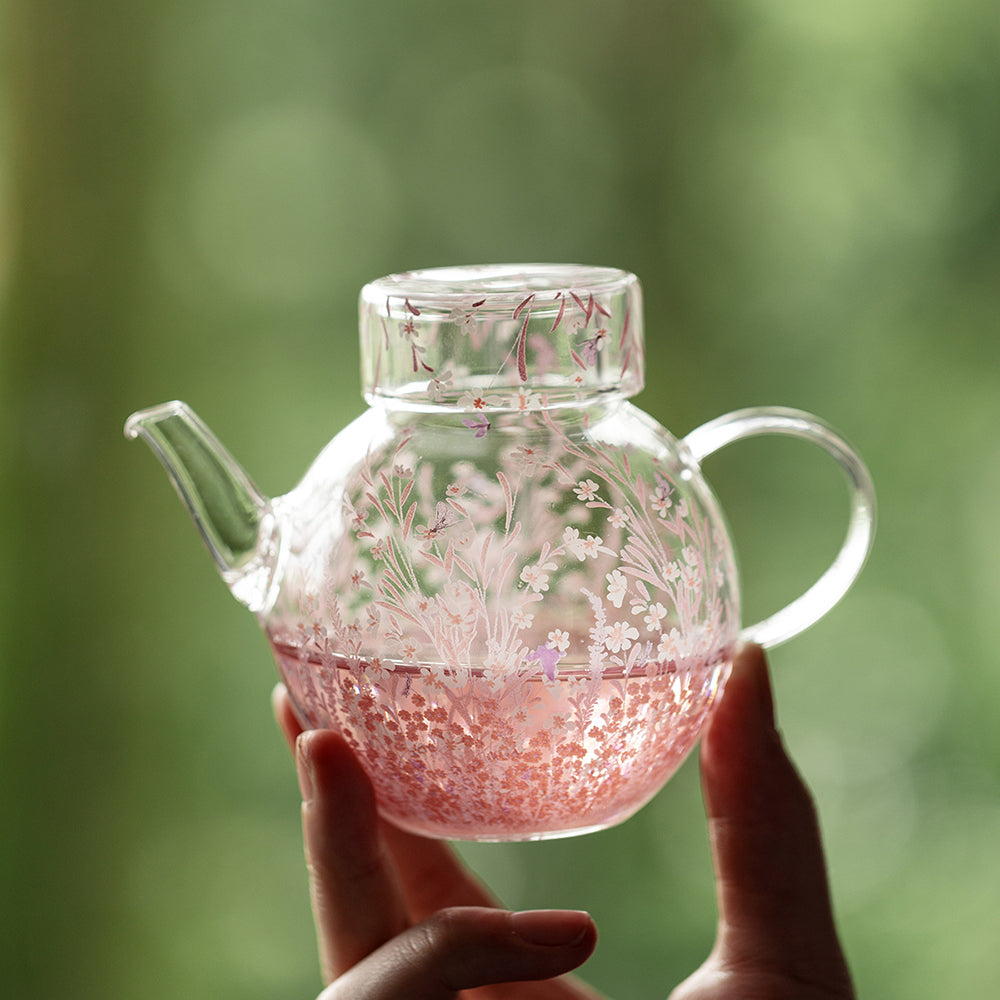 Pink Blossom Borosilicate Glass Teapot with Floral Design