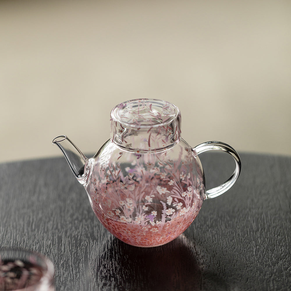 Pink Blossom Borosilicate Glass Teapot with Floral Design
