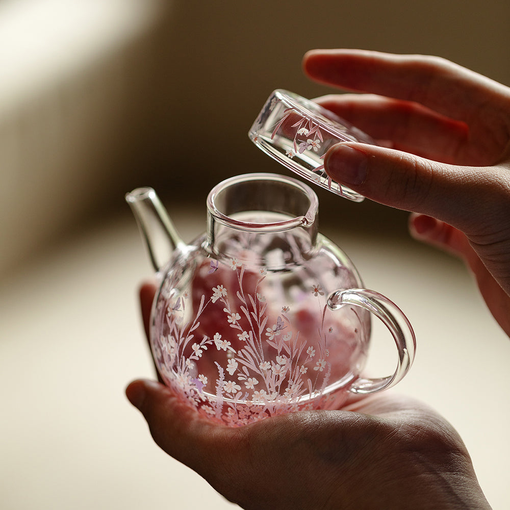 Pink Blossom Borosilicate Glass Teapot with Floral Design
