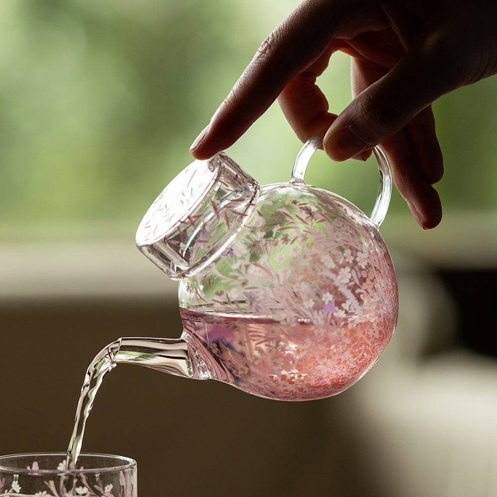Pink Blossom Borosilicate Glass Teapot with Floral Design