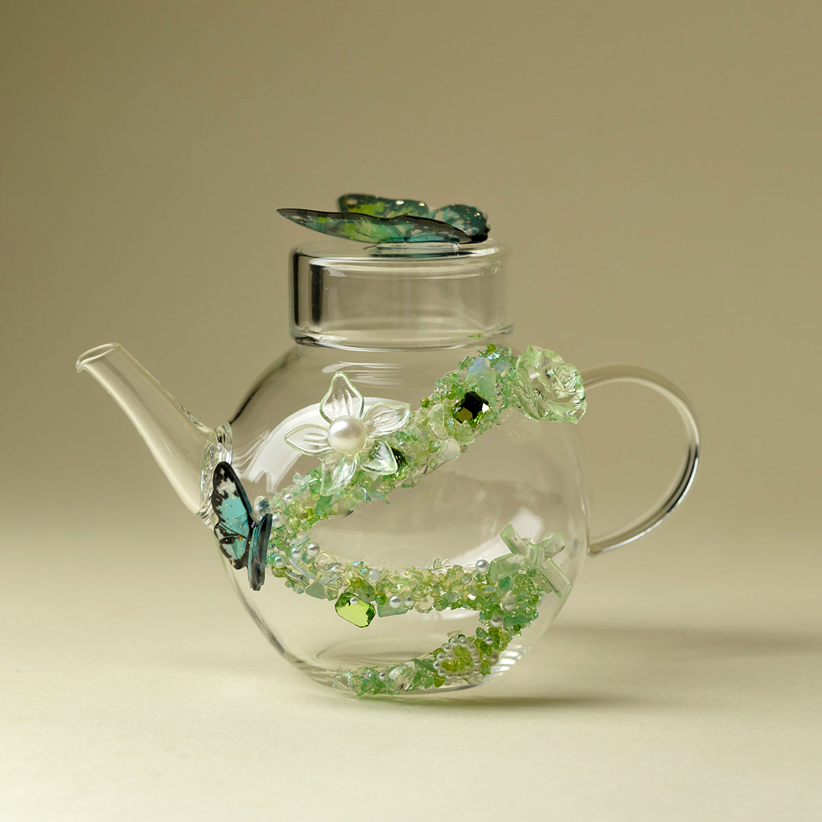 Green Butterfly Borosilicate Glass Teapot with Crystals