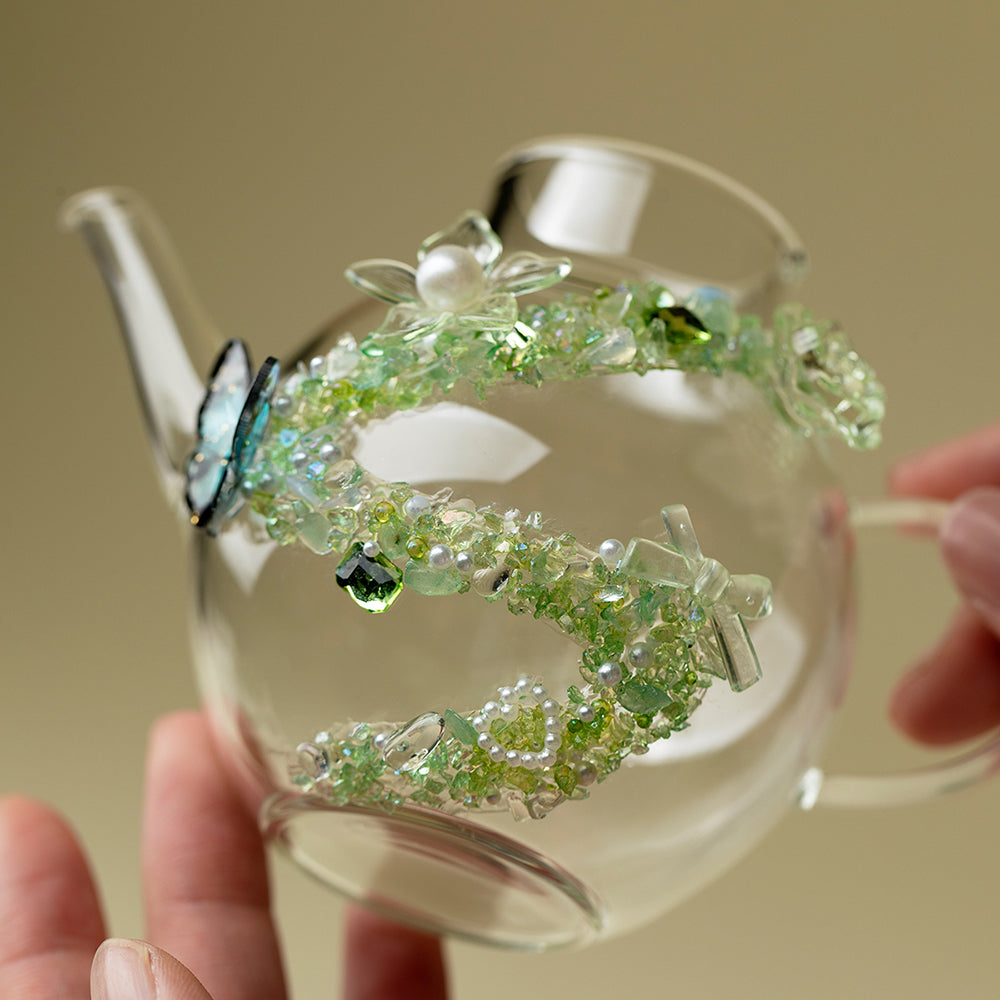 Green Butterfly Borosilicate Glass Teapot with Crystals