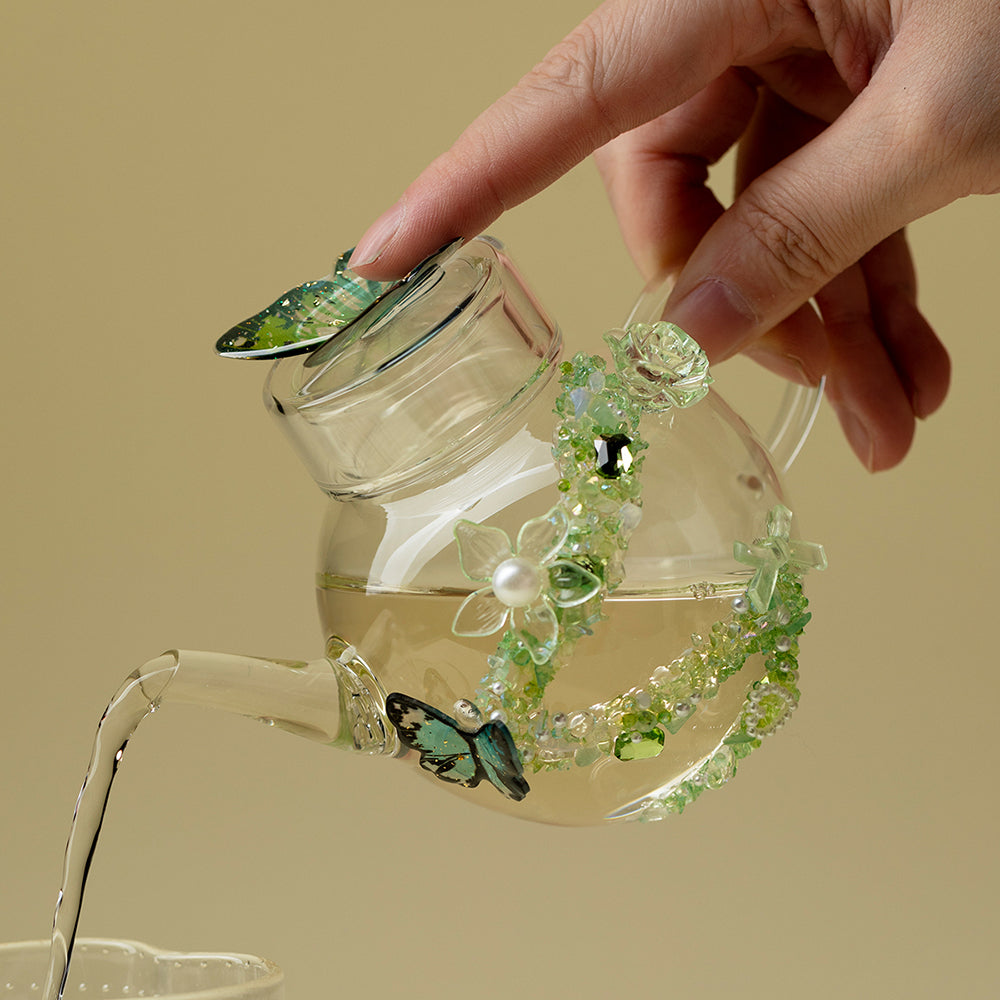 Green Butterfly Borosilicate Glass Teapot with Crystals