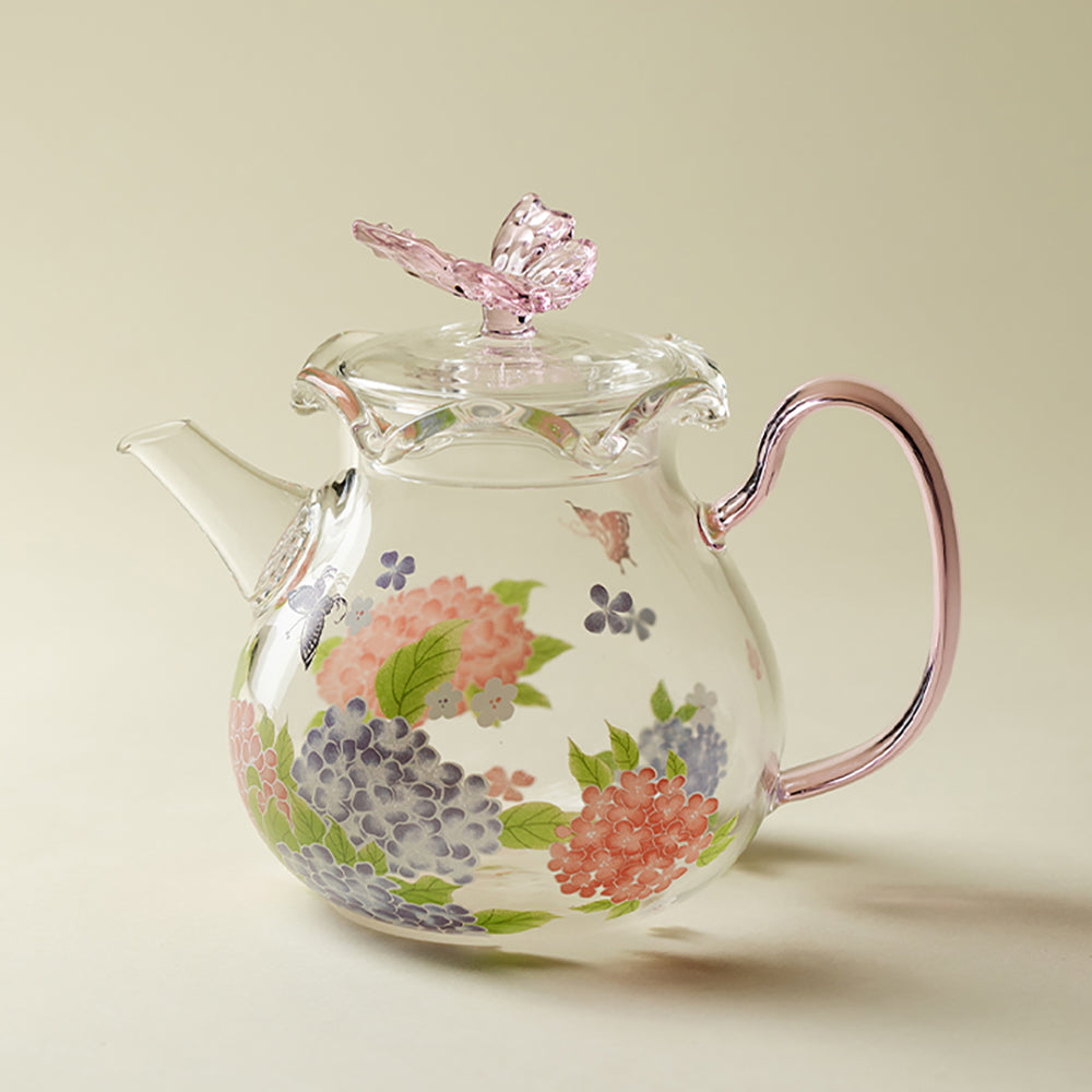 Pink Butterfly Hydrangea Borosilicate Glass Teapot