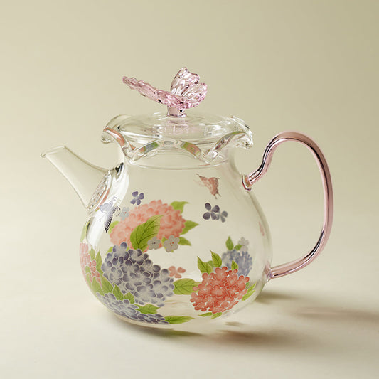 Pink Butterfly Hydrangea Borosilicate Glass Teapot