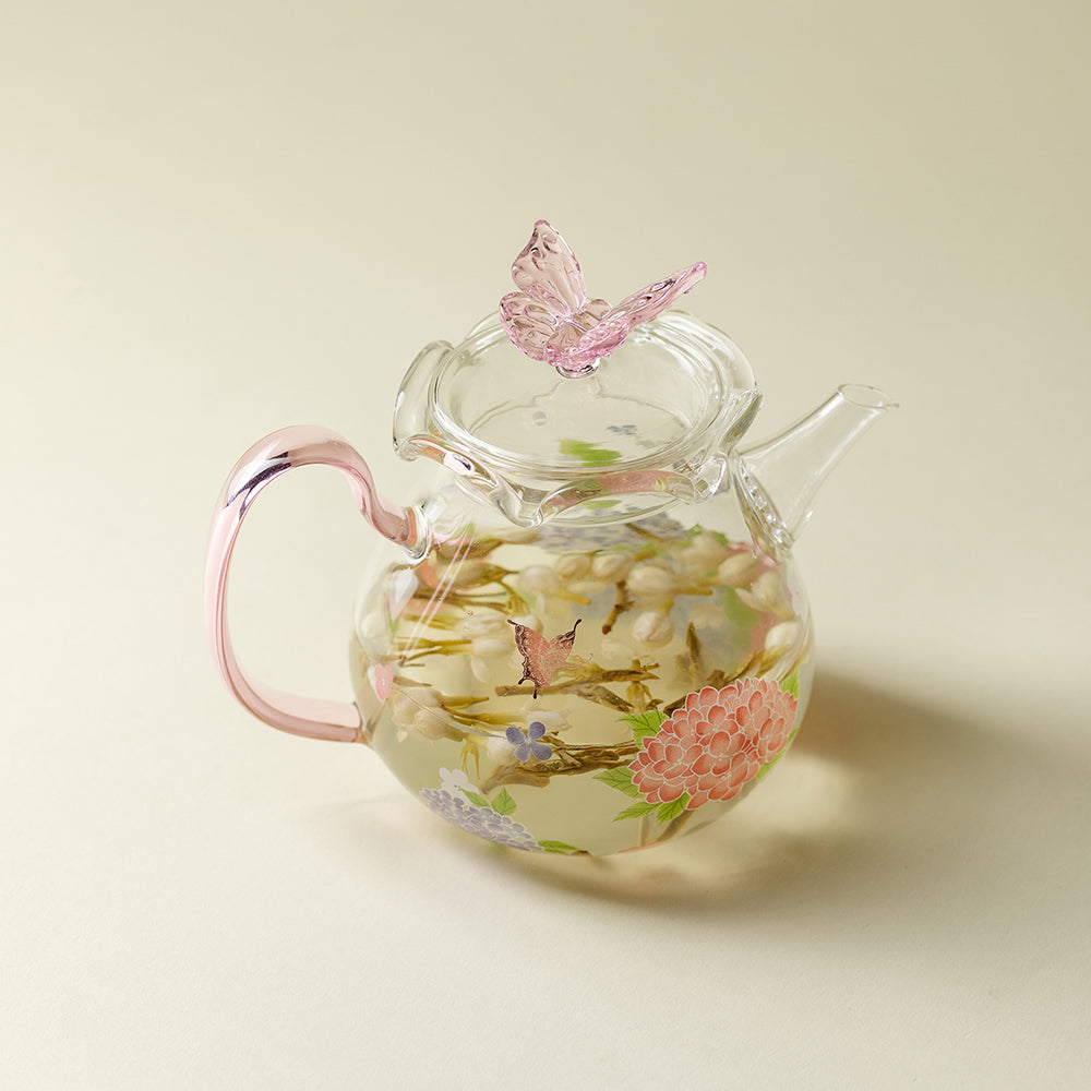 Pink Butterfly Hydrangea Borosilicate Glass Teapot