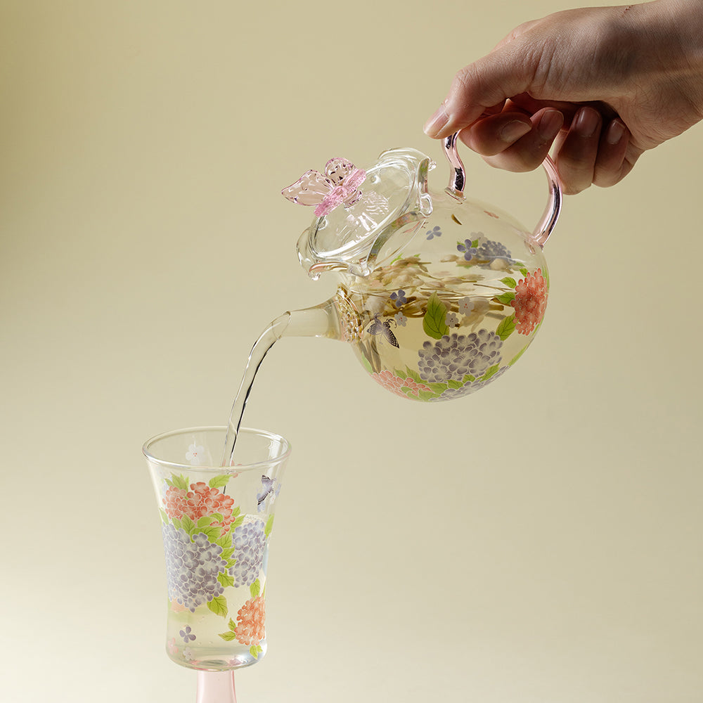 Pink Butterfly Hydrangea Borosilicate Glass Teapot