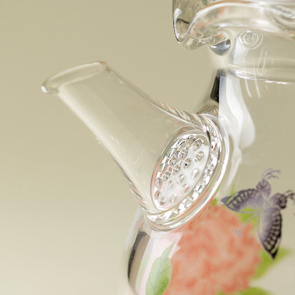 Pink Butterfly Hydrangea Borosilicate Glass Teapot