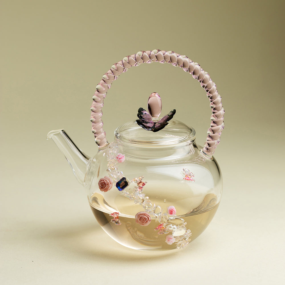Pink Rose Butterfly Borosilicate Glass Teapot
