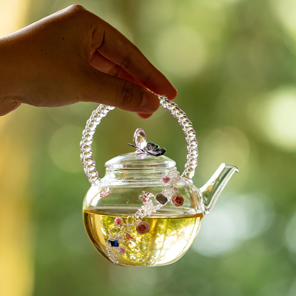 Pink Rose Butterfly Borosilicate Glass Teapot
