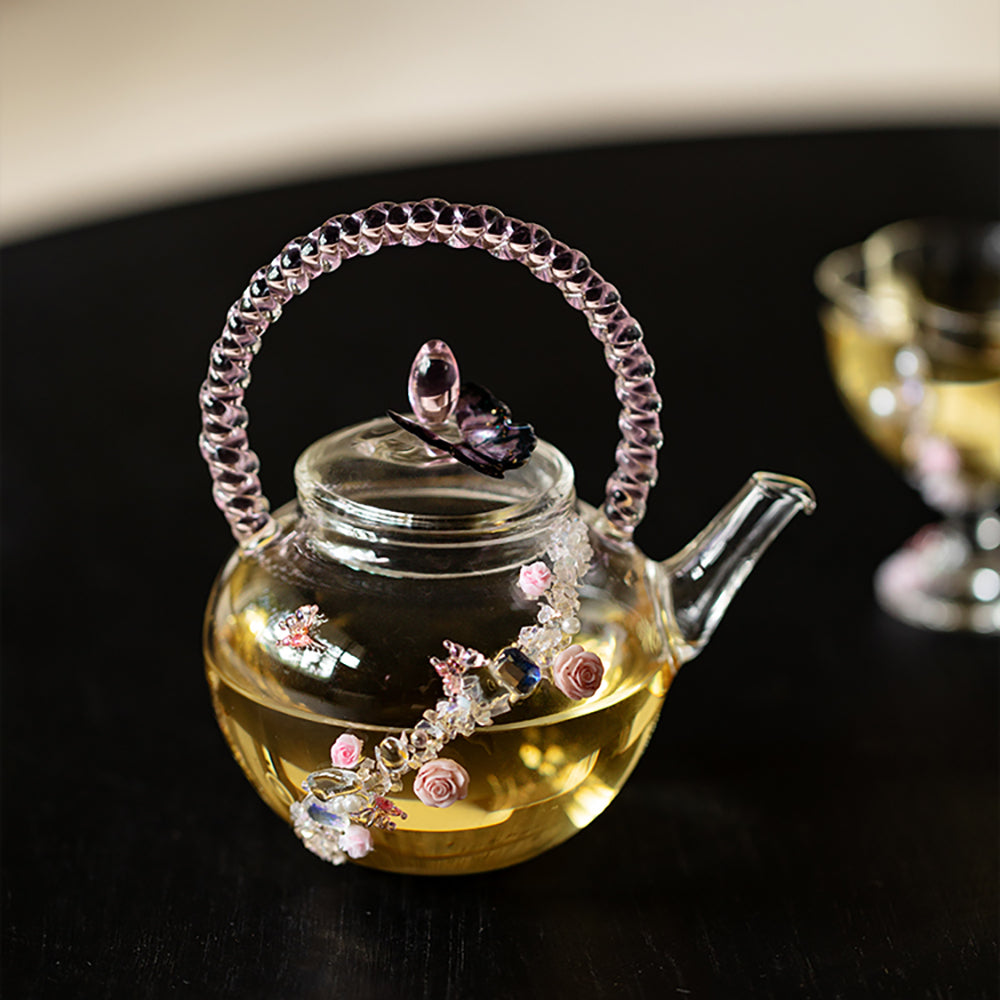 Pink Rose Butterfly Borosilicate Glass Teapot