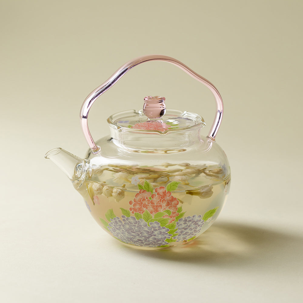 Pink Hydrangea Borosilicate Glass Teapot with Ergonomic Handle