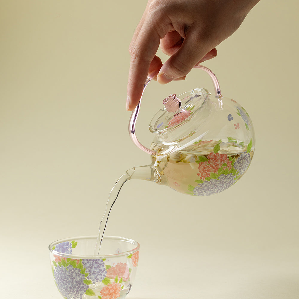 Pink Hydrangea Borosilicate Glass Teapot with Ergonomic Handle
