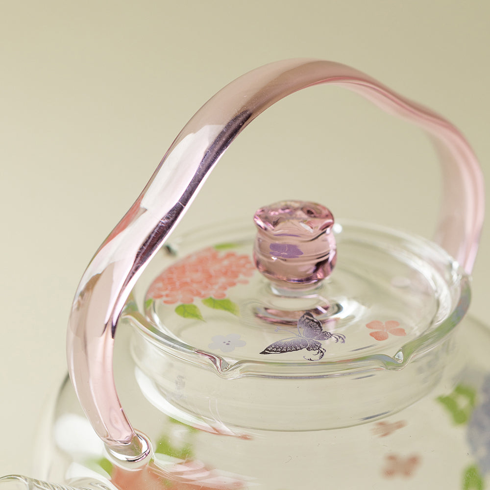 Pink Hydrangea Borosilicate Glass Teapot with Ergonomic Handle