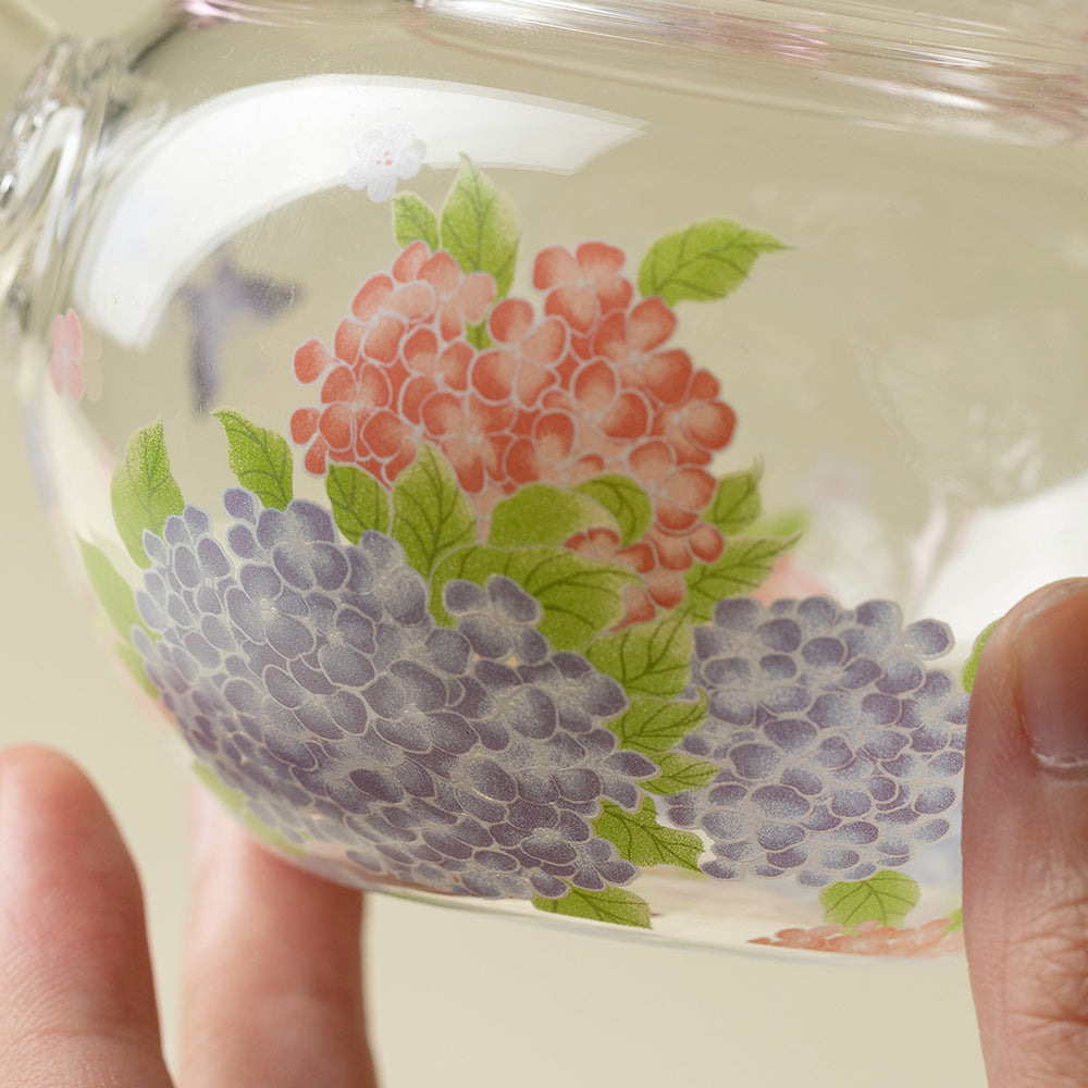 Pink Hydrangea Borosilicate Glass Teapot with Ergonomic Handle