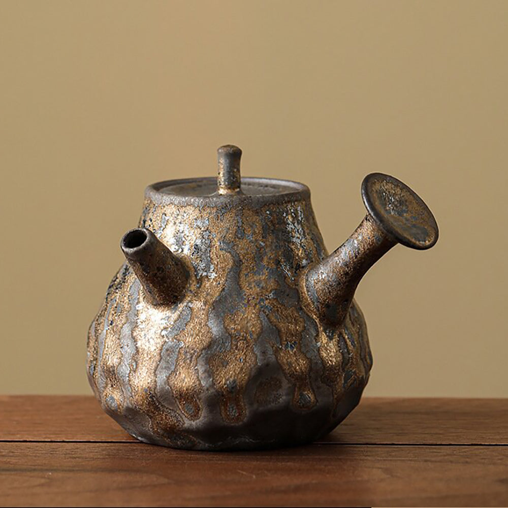 Japanese Hand-Hammered Pottery Teapot with Golden Glaze