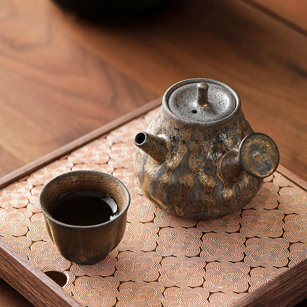 Japanese Hand-Hammered Pottery Teapot with Golden Glaze