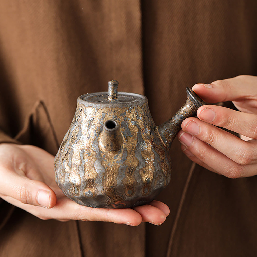 Japanese Hand-Hammered Pottery Teapot with Golden Glaze