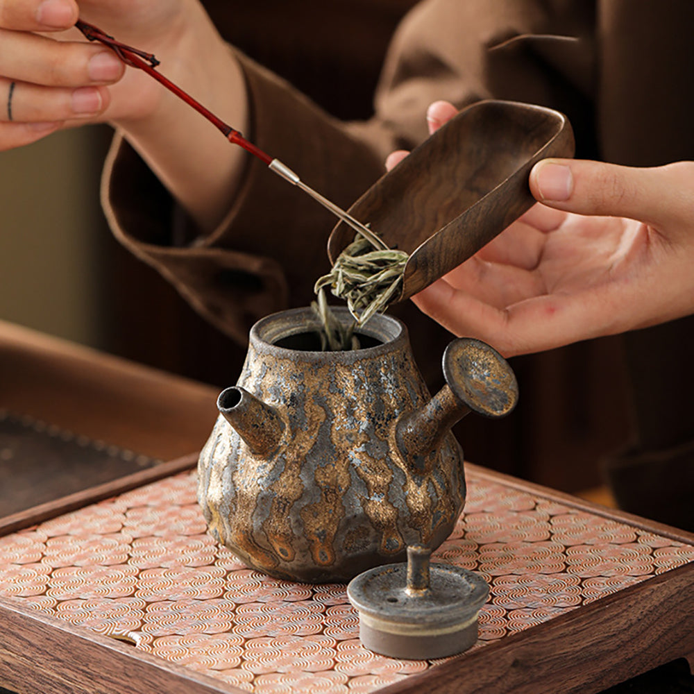 Japanese Hand-Hammered Pottery Teapot with Golden Glaze