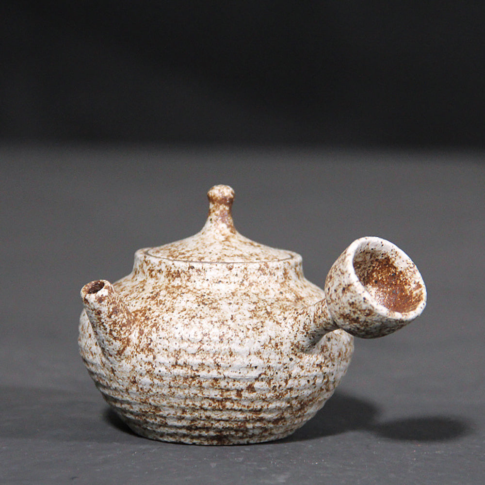 Japanese White Pottery Side-Handled Teapot with Mottled Glaze