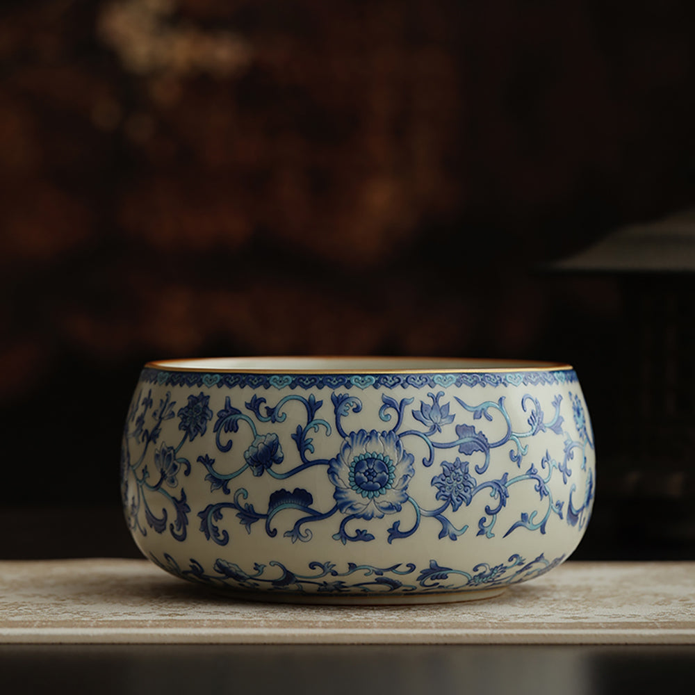 Blue and White Ruyao Porcelain Tea Washer with Twig Flowers Design