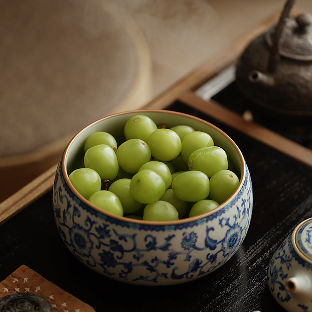 Blue and White Ruyao Porcelain Tea Washer with Twig Flowers Design