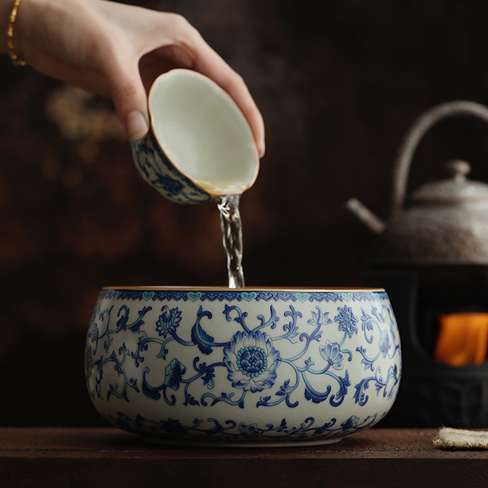 Blue and White Ruyao Porcelain Tea Washer with Twig Flowers Design
