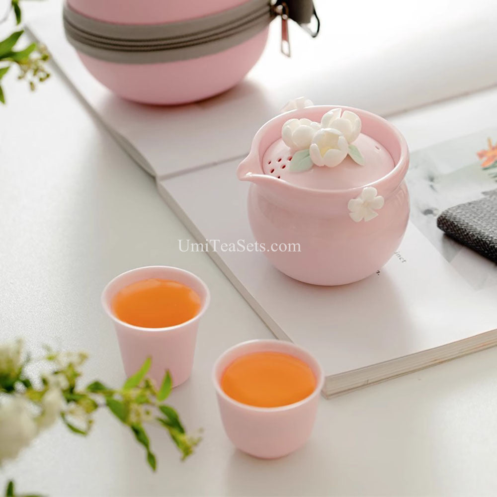 Pink Jasmine Porcelain Travel Tea Set with Case