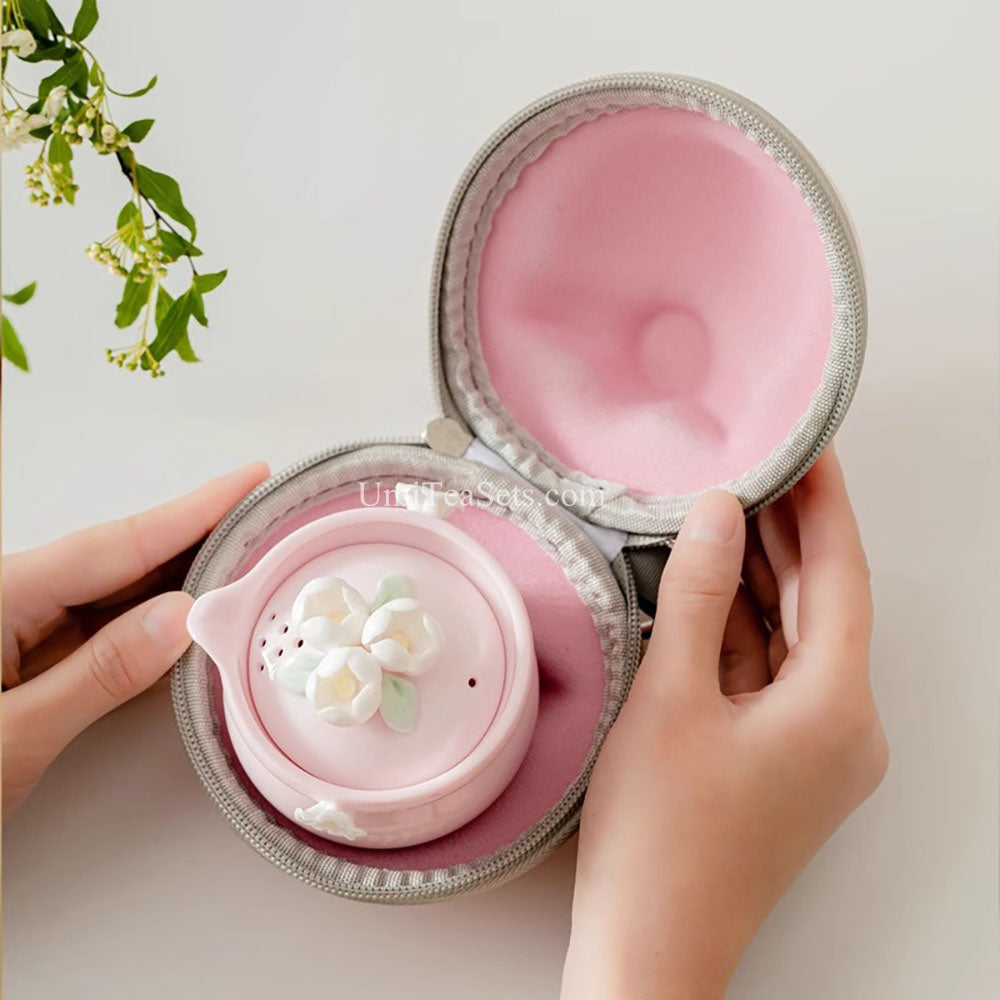 Pink Jasmine Porcelain Travel Tea Set with Case
