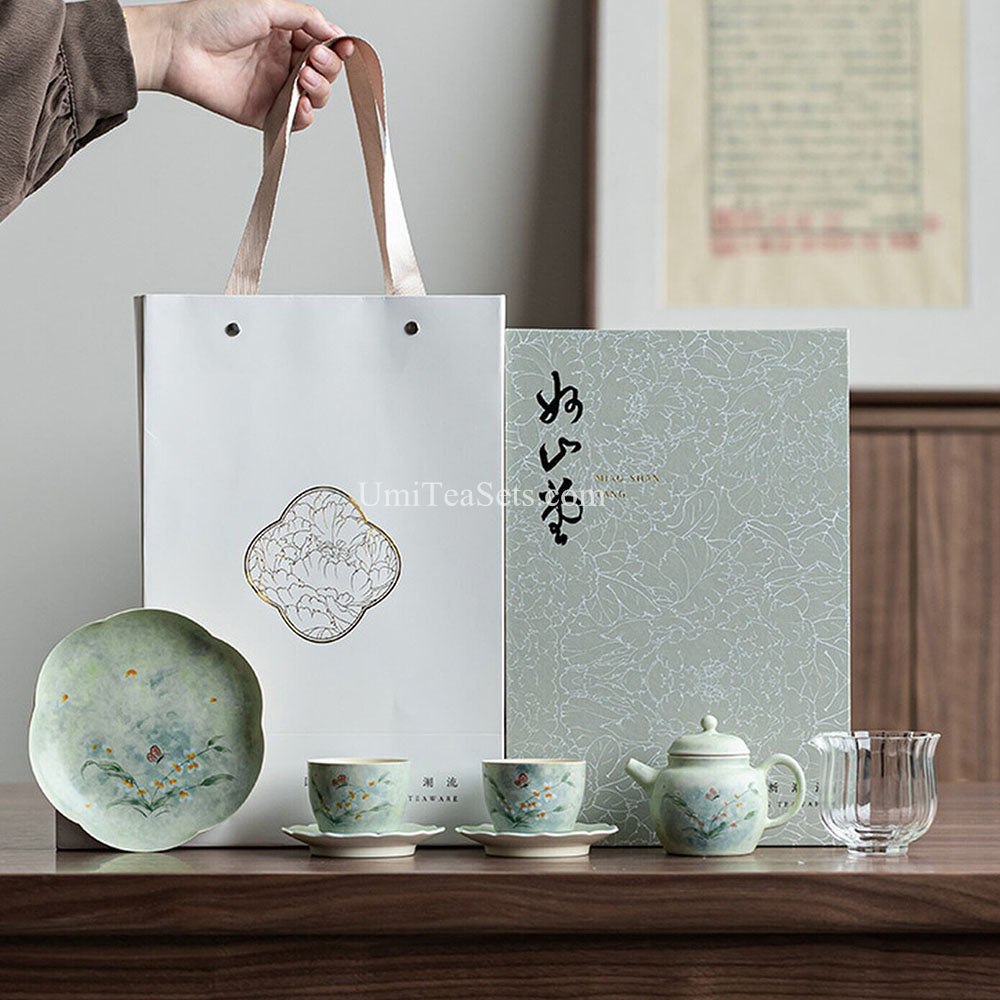 Green Glazed Ceramic Orchid and Butterfly Tea Set