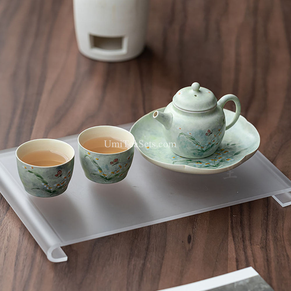 Green Glazed Ceramic Orchid and Butterfly Tea Set